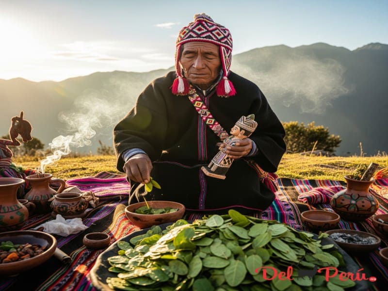 Chamán peruano realizando una ceremonia ancestral con hojas de coca